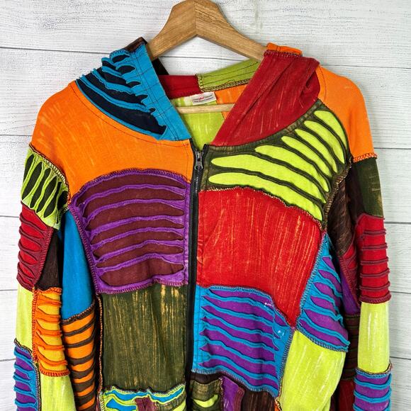 Greater Good Network XXL Hippie Patchwork Jacket Hoodie Festival Indie Artsy - Picture 3 of 10